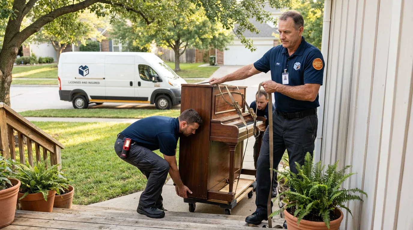 Licensed piano movers securing grand piano in Saluda, VA