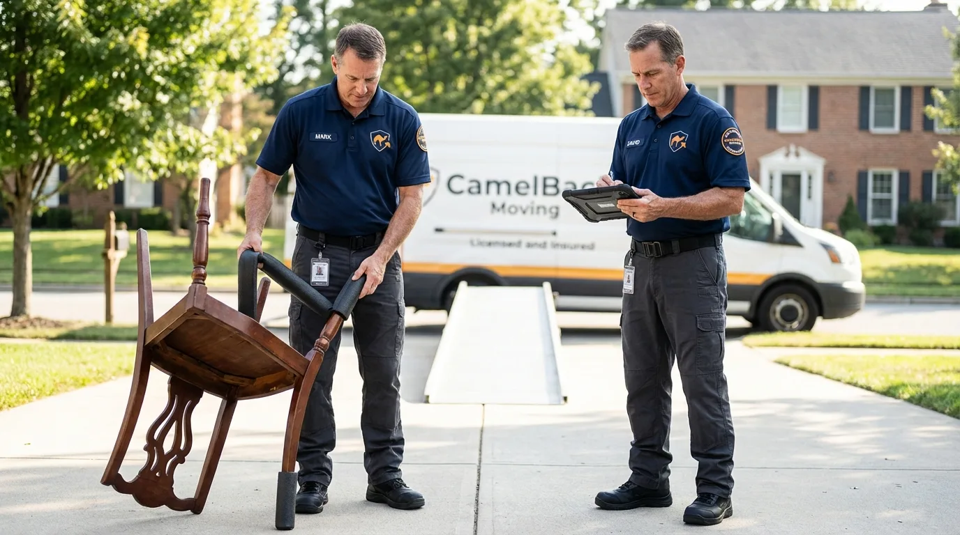 Movers inspecting furniture for damage prevention before loading in Saluda, VA